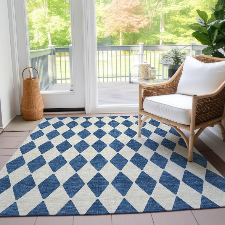 10' X 14' Navy Blue And Ivory Geometric Washable Indoor Outdoor Area Rug
