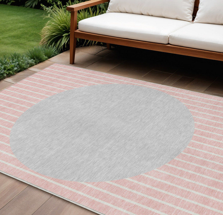 9' X 12' Pink And Silver Striped Washable Indoor Outdoor Area Rug