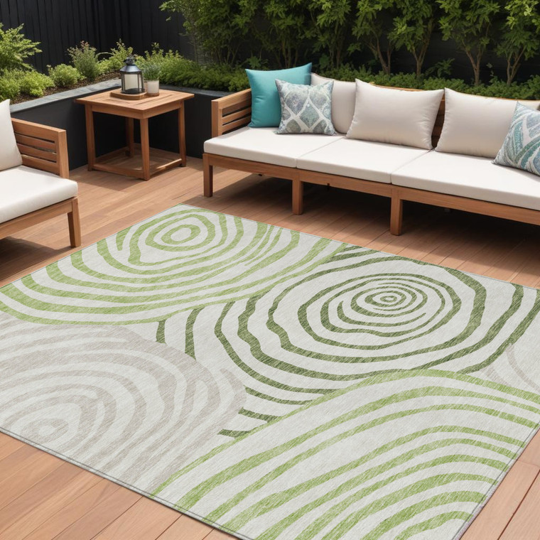 8' X 10' Artichoke Green And Fern Green Abstract Washable Indoor Outdoor Area Rug