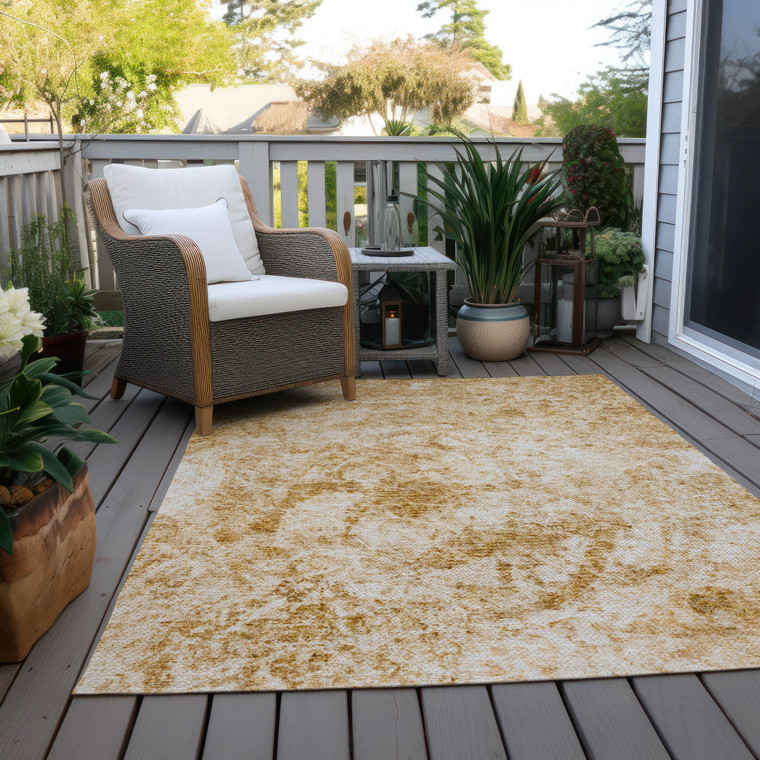 8' X 10' Beige and Gold Abstract Washable Non Skid Indoor Outdoor Area Rug