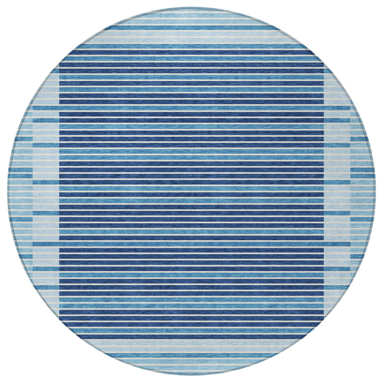 8' Sky Blue And Denim Blue Round Striped Washable Indoor Outdoor Area Rug - 880016854978