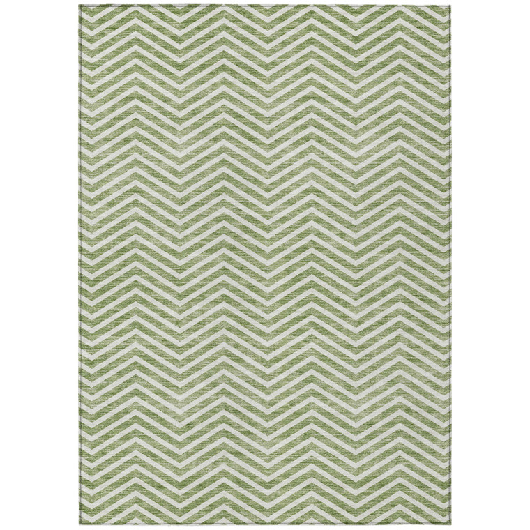 9' X 12' Green And Ivory Chevron Washable Indoor Outdoor Area Rug - Green, Ivory