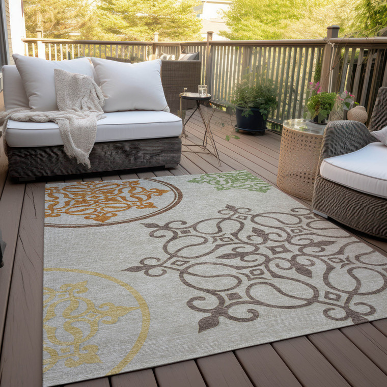 10' X 14' Taupe Copper And Green Floral Medallion Washable Indoor Outdoor Area Rug