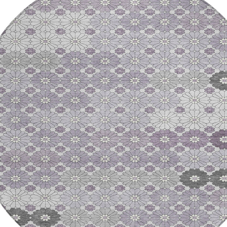 8' Lavender Gray And Ivory Round Floral Washable Indoor Outdoor Area Rug