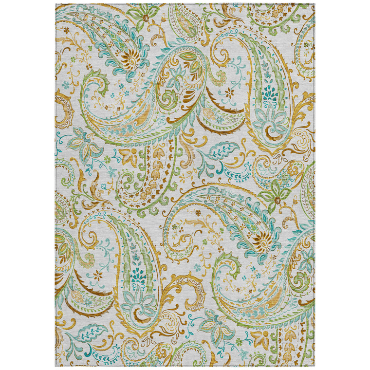8' X 10' Ivory and Gold Paisley Washable Non Skid Indoor Outdoor Area Rug