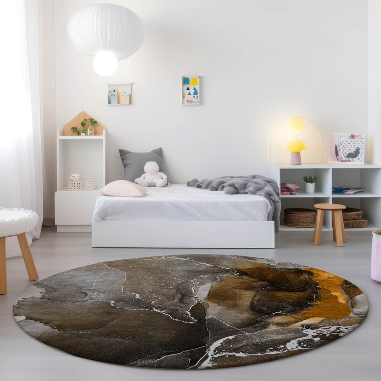 8' Brown And Gray Round Abstract Washable Indoor Outdoor Area Rug