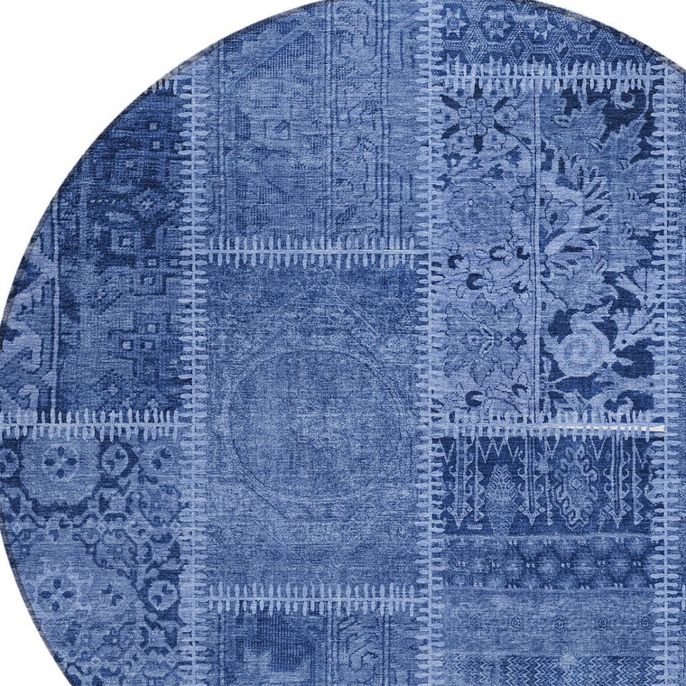 8' Navy Blue And Denim Blue Round Patchwork Washable Indoor Outdoor Area Rug