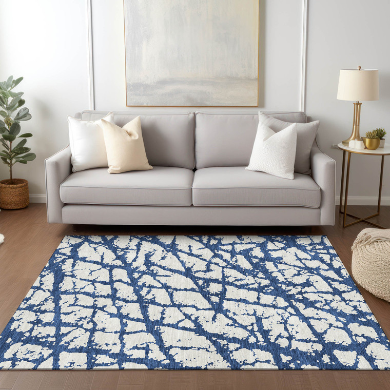 9' X 12' Navy Blue And Ivory Abstract Washable Indoor Outdoor Area Rug - Navy Blue, Ivory