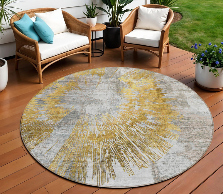 8' Gold Beige And Ivory Round Abstract Washable Indoor Outdoor Area Rug Transitional Style - Gold, Beige, Ivory Color