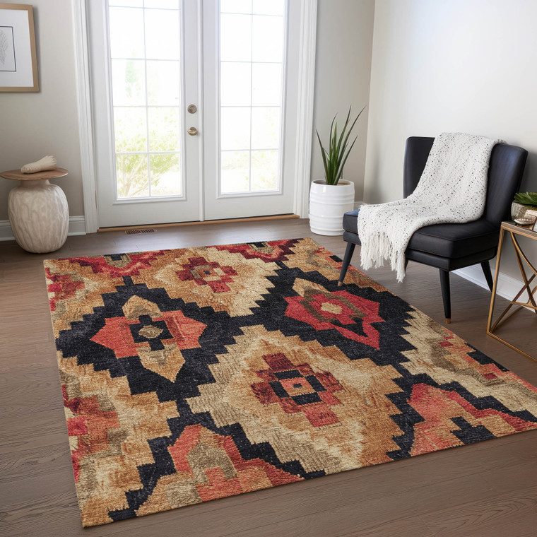 10' X 14' Rust And Charcoal Aztec Washable Indoor Outdoor Area Rug