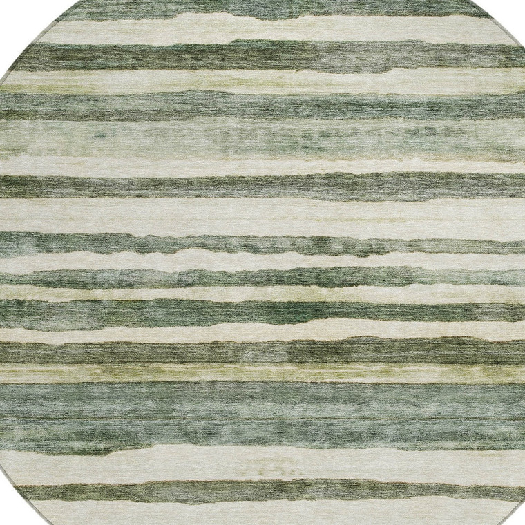 8' Sage And Beige Round Striped Washable Indoor Outdoor Area Rug