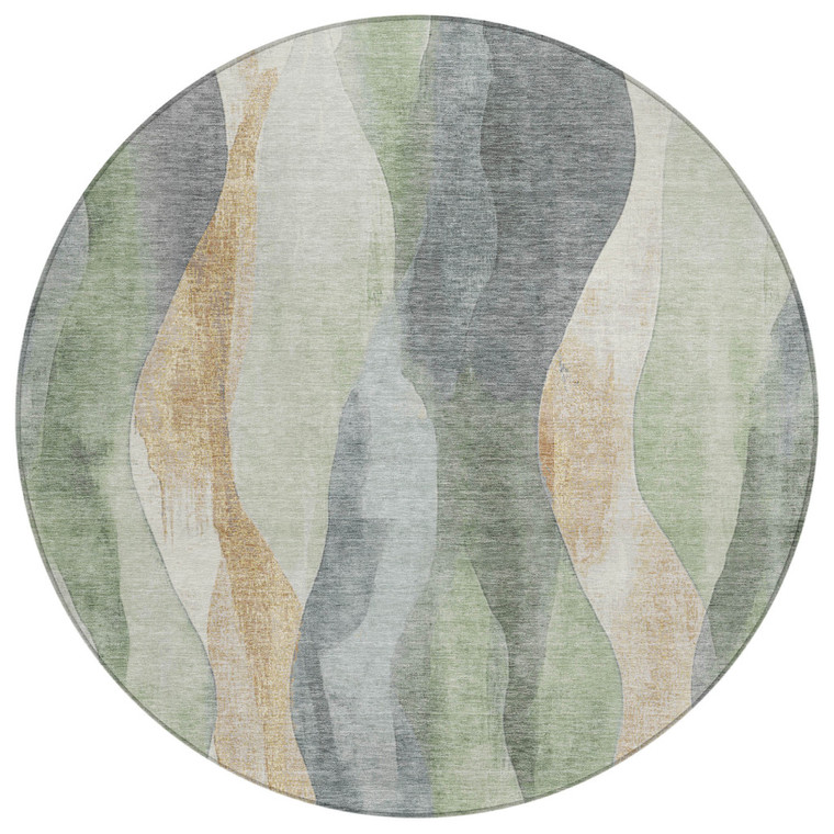 8' Artichoke Green And Gray Round Abstract Washable Indoor Outdoor Area Rug