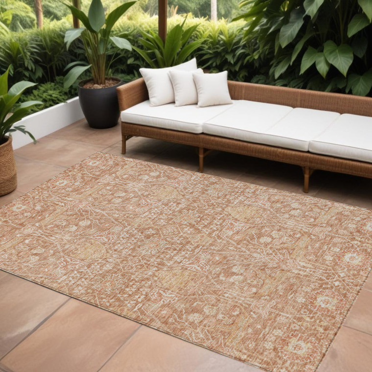 10' X 14' Coral And Ivory Floral Washable Indoor Outdoor Area Rug