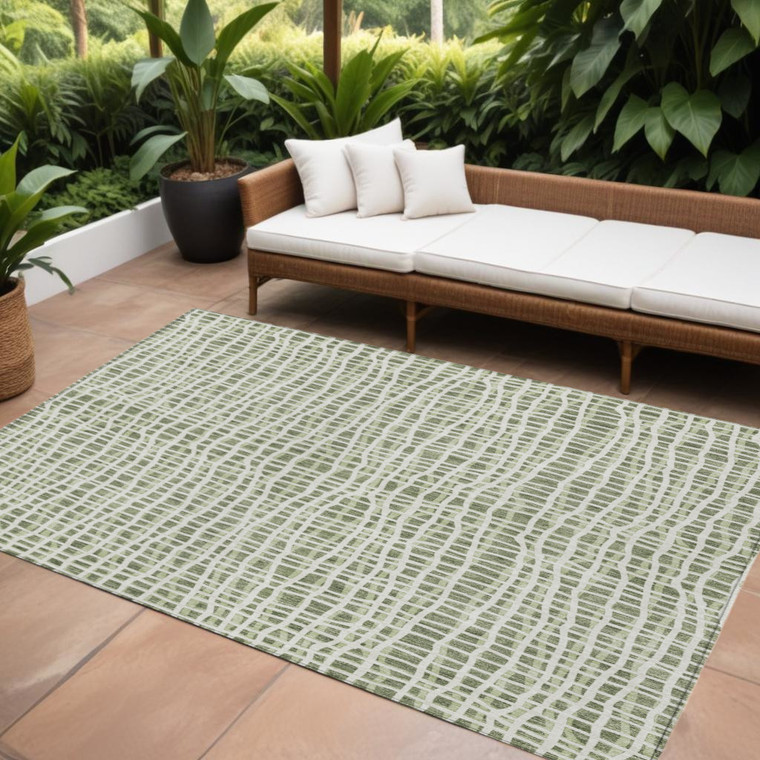 8' X 10' Green And Ivory Striped Washable Indoor Outdoor Area Rug - Green, Ivory