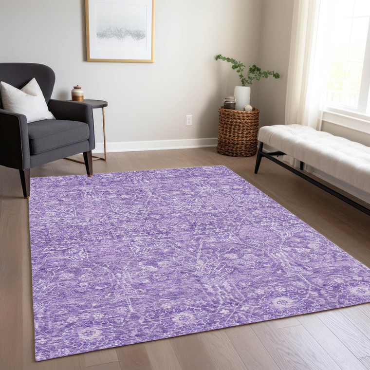 8' X 10' Plum And Lavender Floral Washable Indoor Outdoor Area Rug