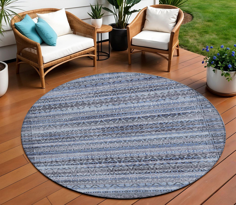8' Blue And Charcoal Round Striped Washable Indoor Outdoor Area Rug - Blue, Charcoal