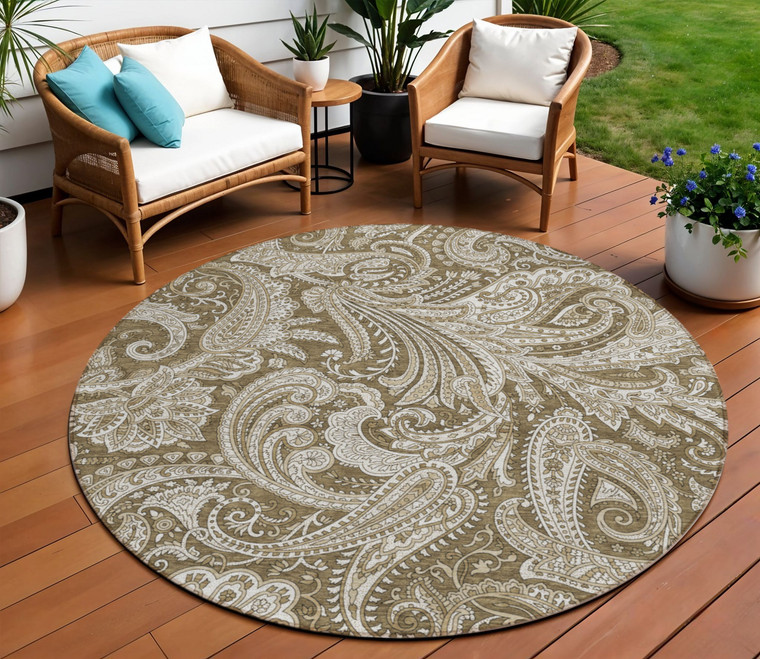 8' Chocolate Beige And Ivory Round Paisley Washable Indoor Outdoor Area Rug