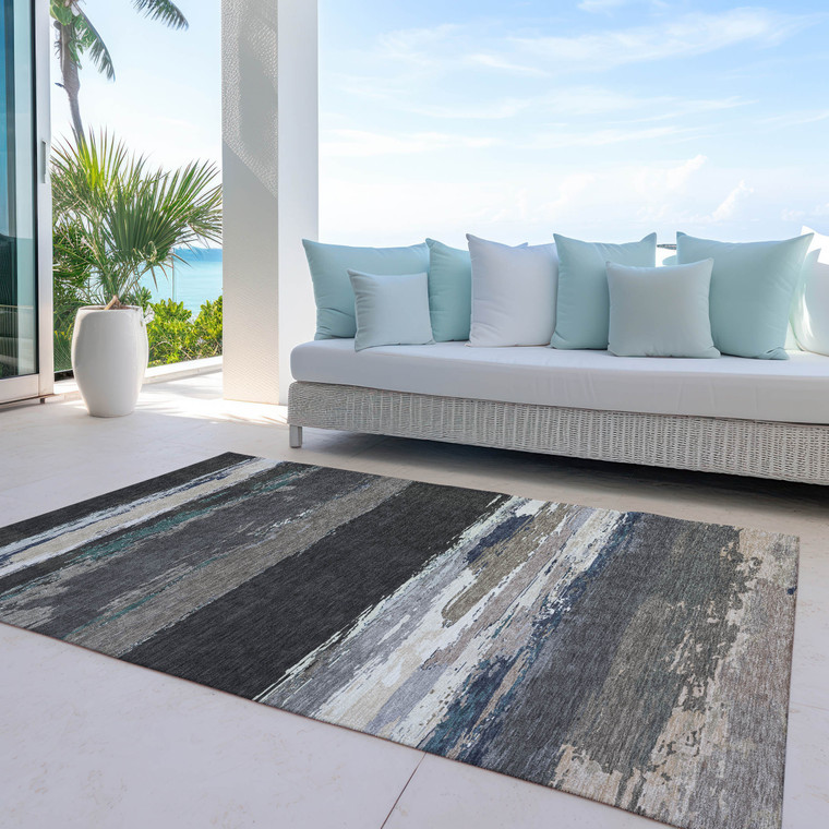 10' X 14' Black Abstract Washable Indoor Outdoor Area Rug