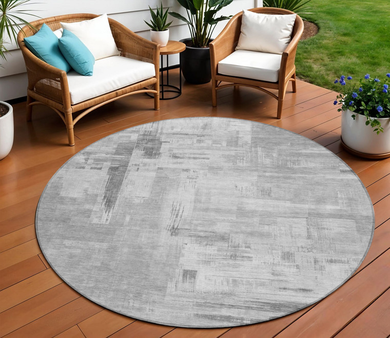 8' Gray And Off White Round Abstract Washable Indoor Outdoor Area Rug