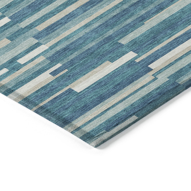 9' X 12' Teal Blue And Ivory Striped Washable Indoor Outdoor Area Rug Transitional Style - Teal Blue, Ivory Color