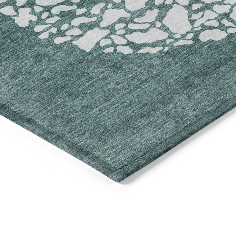 9' X 12' Dark Green Aqua And Ivory Abstract Washable Indoor Outdoor Area Rug