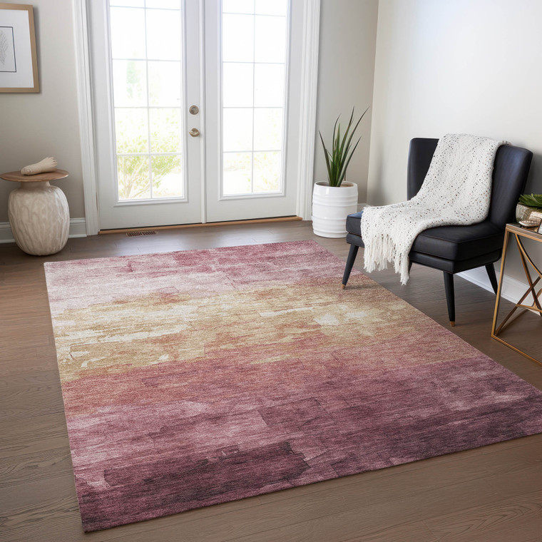 10' X 14' Mauve And Pink Striped Washable Indoor Outdoor Area Rug