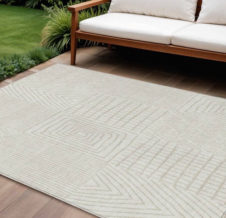 9' X 12' Ivory And Beige Geometric Washable Indoor Outdoor Area Rug Transitional Style - Ivory, Beige Color