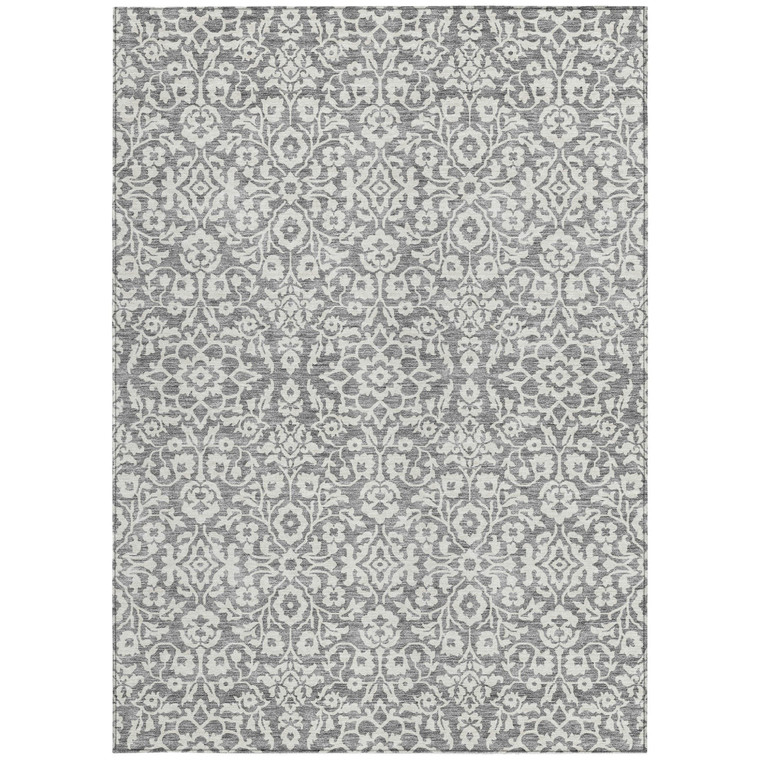 9' X 12' Gray And Ivory Damask Washable Indoor Outdoor Area Rug