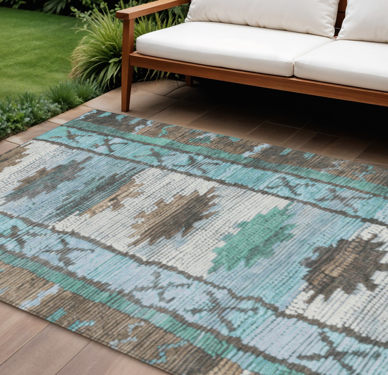 10' X 14' Brown And Teal Blue Tribal Washable Indoor Outdoor Area Rug