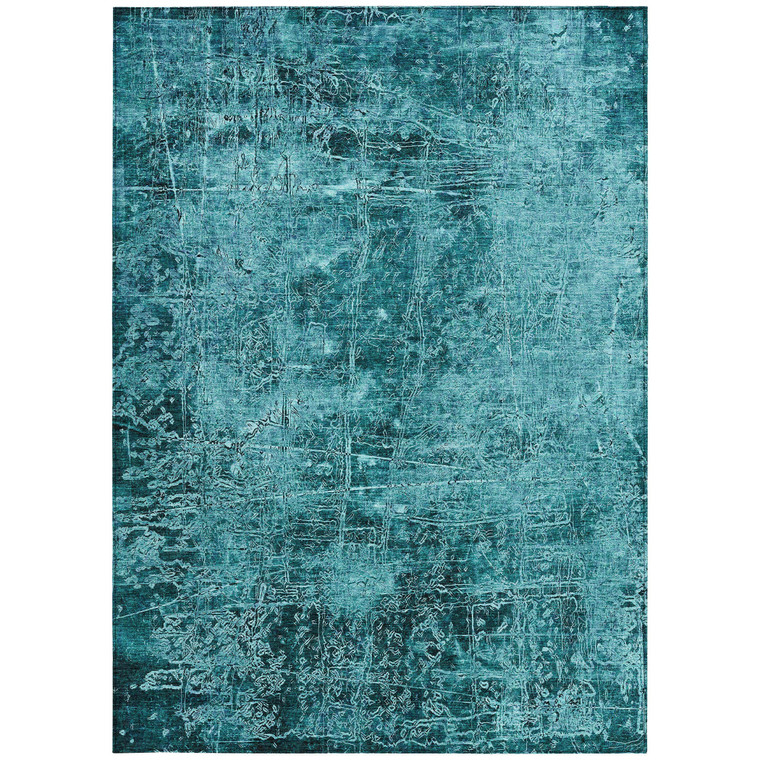 8' X 10' Teal Abstract Washable Non Skid Indoor Outdoor Area Rug Transitional Style - Teal Blue Color