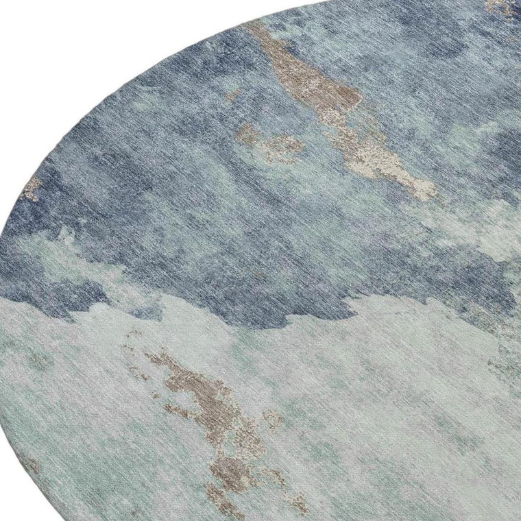 8' Pale Aqua And Taupe Round Abstract Washable Indoor Outdoor Area Rug - Pale Aqua, Taupe