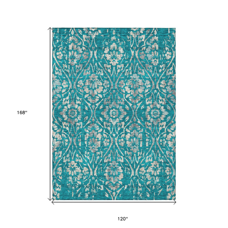 10' X 14' Teal Blue And Ivory Floral Washable Indoor Outdoor Area Rug - Teal Blue, Ivory