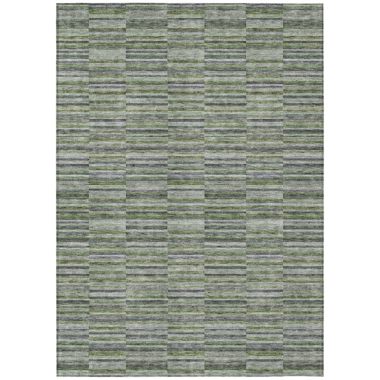 8' X 10' Olive Green And Gray Striped Washable Indoor Outdoor Area Rug