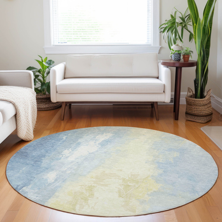 8' Denim Blue And Beige Round Abstract Washable Indoor Outdoor Area Rug