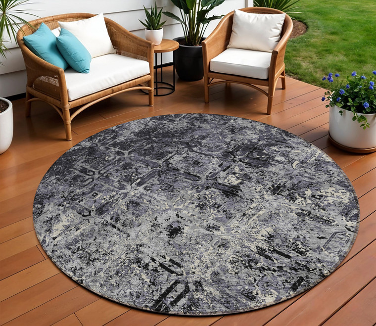 8' Black Gray And Silver Round Geometric Washable Indoor Outdoor Area Rug - 608219363819