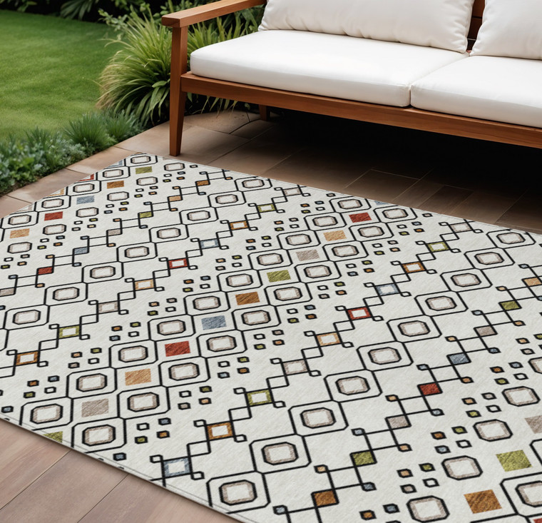 8' X 10' Ivory Red And Gray Geometric Washable Indoor Outdoor Area Rug