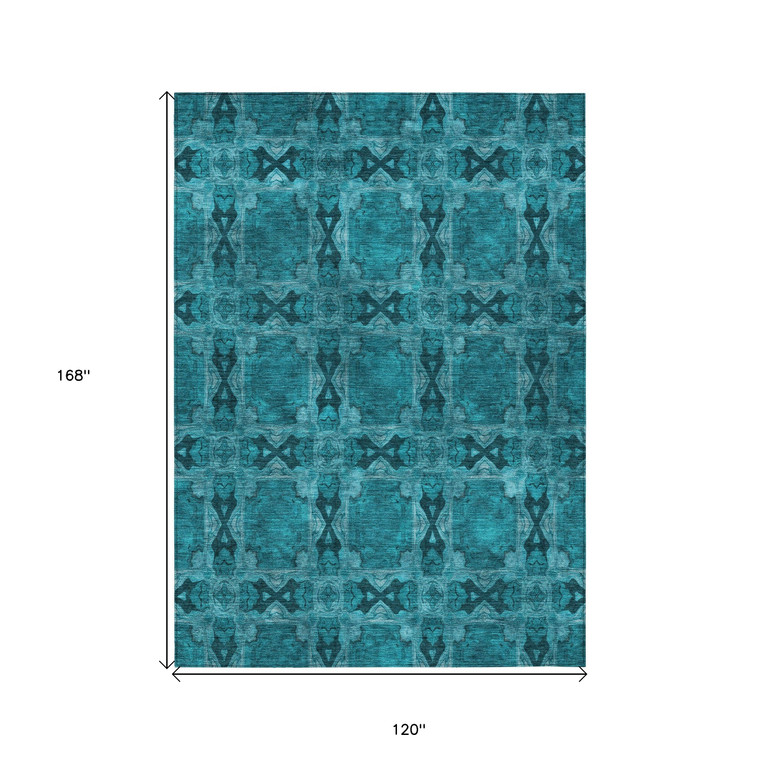 10' X 14' Teal Floral Medallion Washable Non Skid Indoor Outdoor Area Rug - Teal Blue