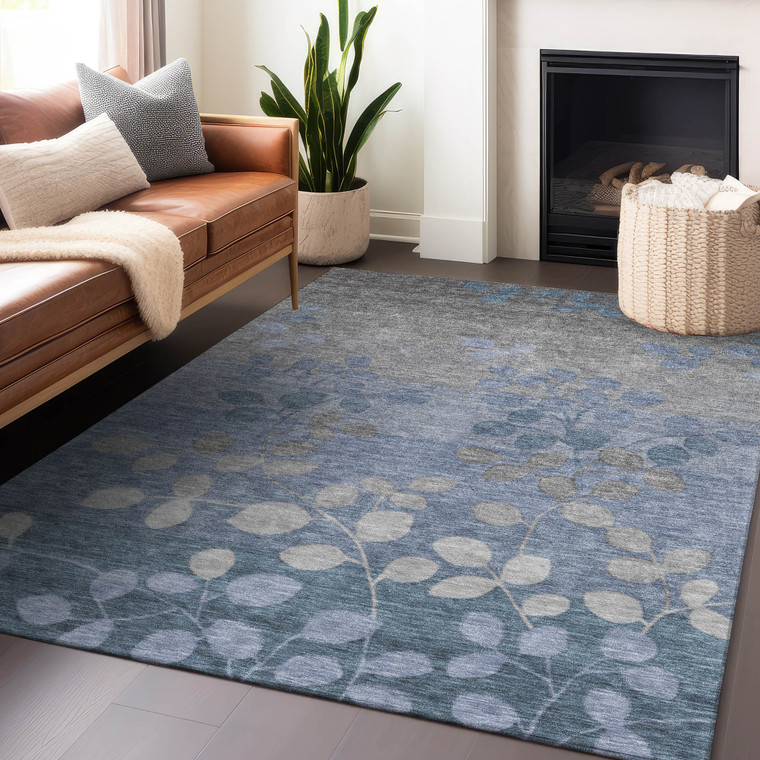 8' X 10' Denim Blue And Gray Floral Washable Indoor Outdoor Area Rug