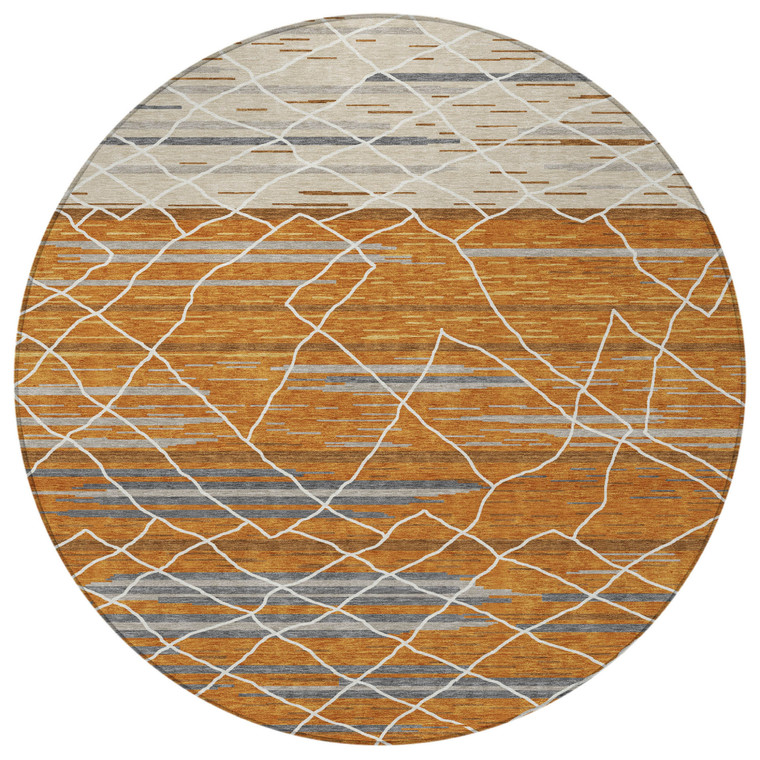 8' Terra Cotta Beige And Ivory Round Striped Washable Indoor Outdoor Area Rug