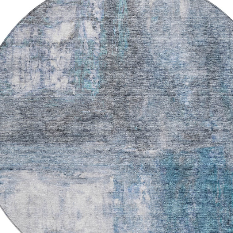 8' Blue Gray And Ivory Round Abstract Washable Indoor Outdoor Area Rug