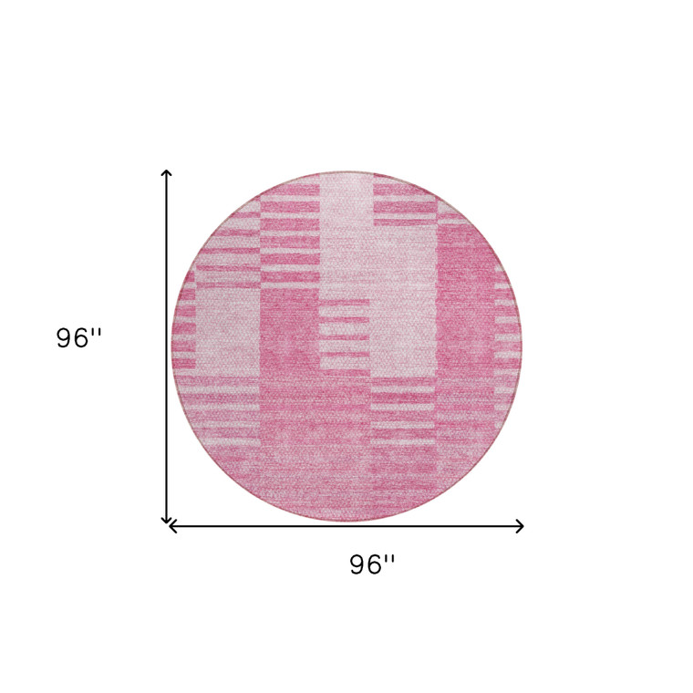 8' Pink And Blush Round Striped Washable Indoor Outdoor Area Rug