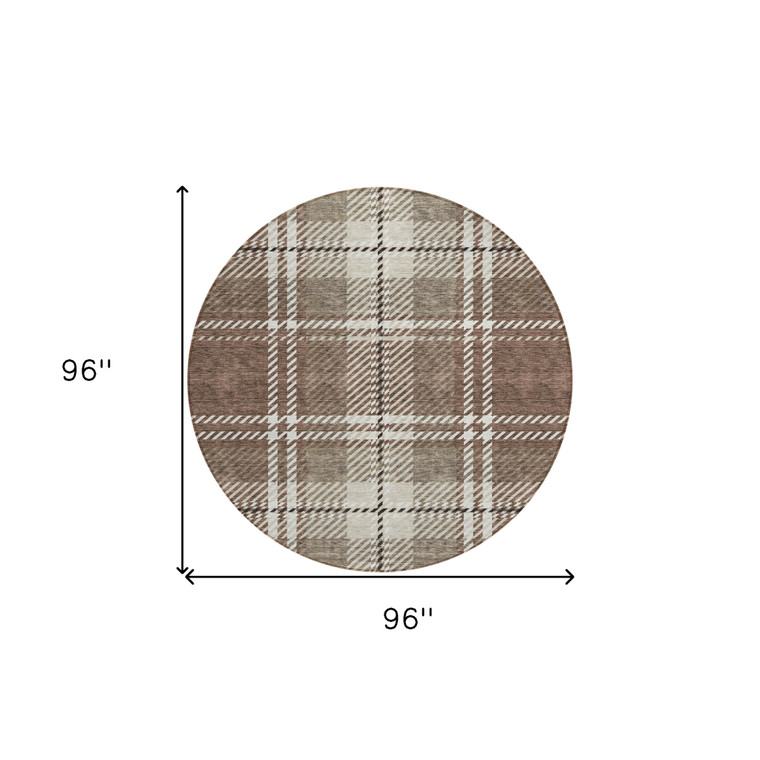 8' Brown Black And Ivory Round Plaid Washable Indoor Outdoor Area Rug