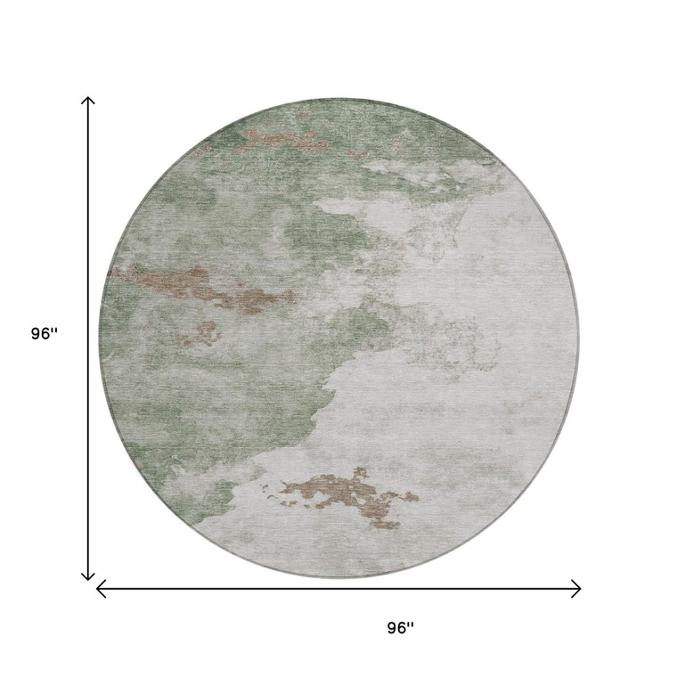 8' Artichoke Green And Linen Round Abstract Washable Indoor Outdoor Area Rug