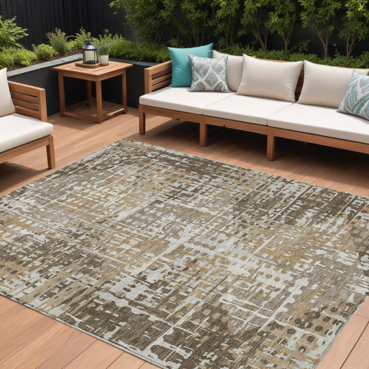 10' X 14' Brown And Ivory Geometric Washable Indoor Outdoor Area Rug - 880016637649