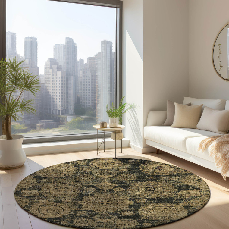 8' Charcoal Gold And Tan Round Floral Washable Indoor Outdoor Area Rug