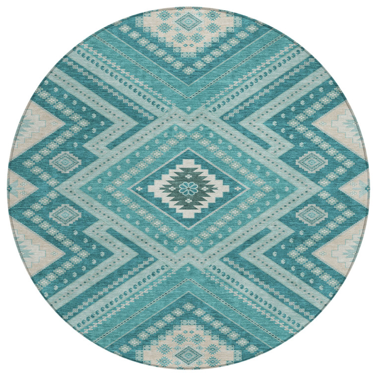 8' Teal Blue And Ivory Round Tribal Washable Indoor Outdoor Area Rug