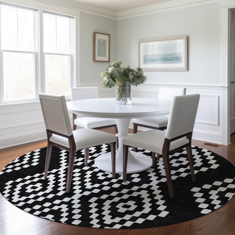 8' Black And Ivory Round Geometric Washable Indoor Outdoor Area Rug Transitional Style - Black, Ivory Color