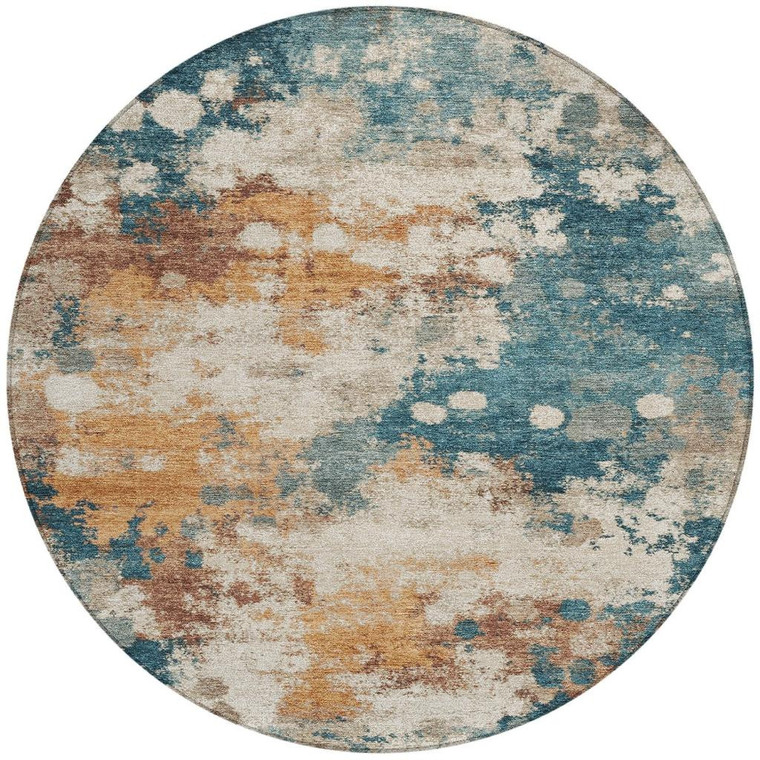 8' Teal Blue And Copper Round Abstract Washable Indoor Outdoor Area Rug