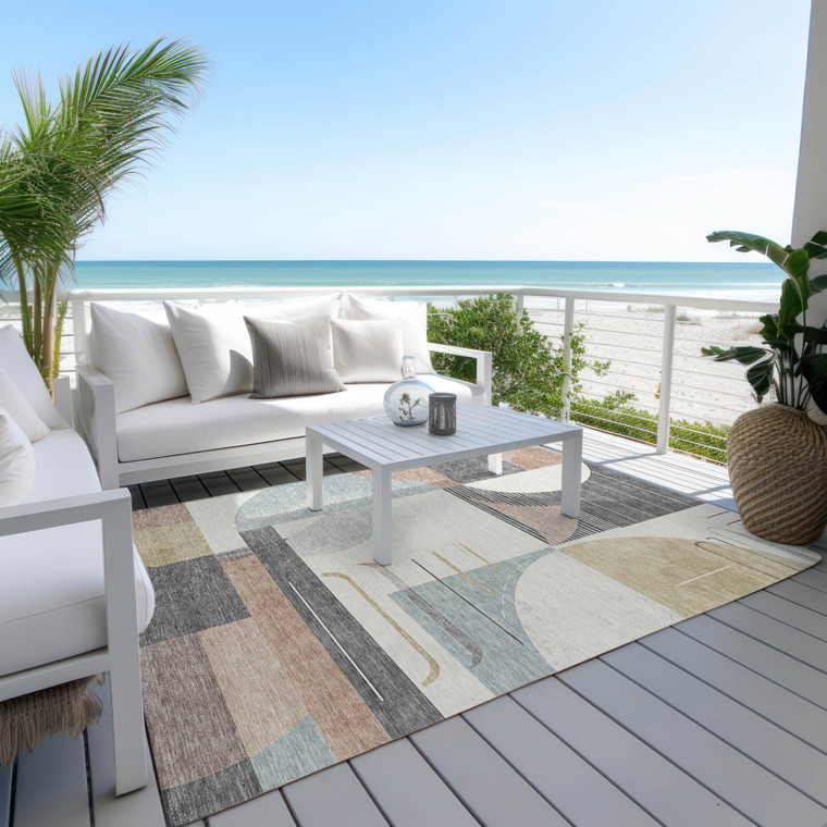 10' X 14' Rust Gray And Ivory Geometric Washable Indoor Outdoor Area Rug