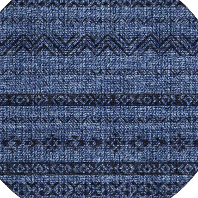 8' Navy Blue And Black Round Southwestern Washable Indoor Outdoor Area Rug